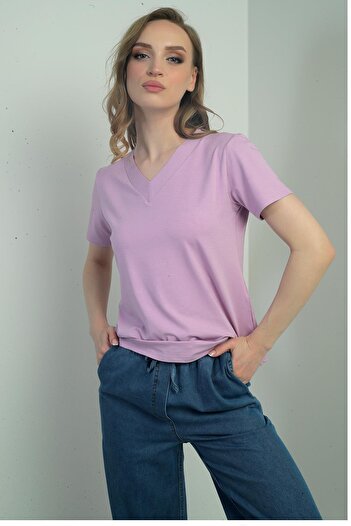 By Saygı Women's V-Neck Slit Short Sleeve Blouse