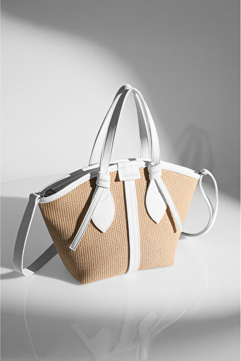 Rimense Women's White Straw Lined Zippered Hand and Shoulder Bag