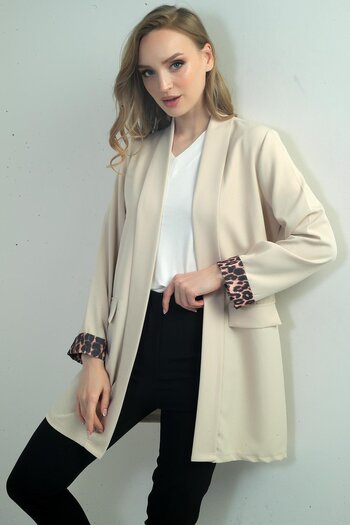 By Saygı Women's Shawl Collar Sleeve Tip Leopard Patterned Lycra Long Jacket
