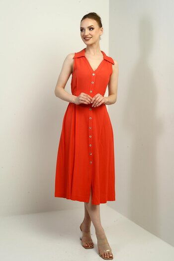 By Saygı Women's Polo Neck Front Pleat Button Detailed Midi Linen Dress