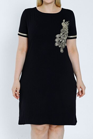İntensive women black plus size short sleeve embroidery detailed dress
