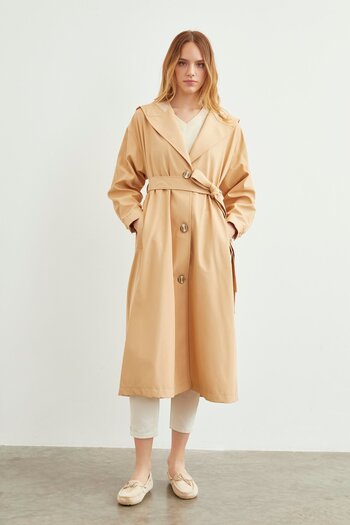 Zühre Beige Hooded Trench Coat 13435 - Waist Belt Detailed