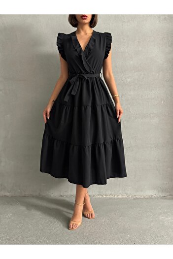 BEJNA Women's Black Flounce Double Breasted Collar Dress