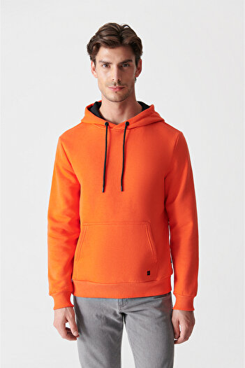 Avva Men's Neon Orange 3 Thread Cotton Hooded Sweatshirt - E 001018