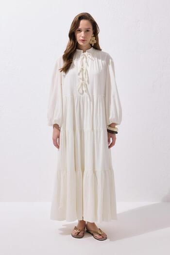 KADRİYE BAŞTÜRK Joli Tie-Up Şile Cloth Long Dress Ecru