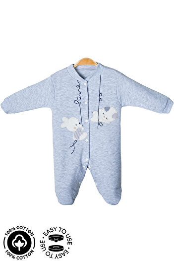 Miniel 3-6-9 Months Unisex Baby Rabbit Embroidered Organic Cotton Jumpsuit with Booties