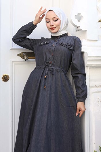 benguen Denim Dress with Stone Detailed Pockets Black 6768
