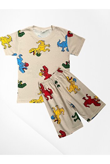 Pijamakids Boys' Cotton Beige Color Dinosaurs Patterned Short Sleeve Shorts Summer Pajama Set