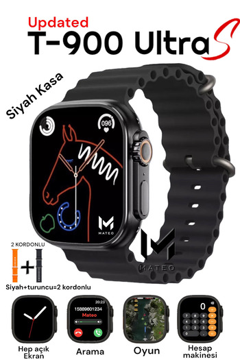 MATEO T900 ULTRA Akıllı Saat Siyah 49mm Bluetooth, Arama Özellikli, Sağlık Sensörlü, iOS & Android Uyumlu