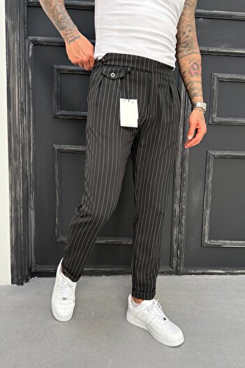 MADZEYMODA Ανδρικό παντελόνι Boyfriend Mold Double Leg Πλισέ μαύρο υφασμάτινο παντελόνι KE-1025