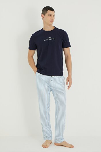 İPEKTENİM Çizgili Yazı Baskılı Couple Erkek Pijama Takımı