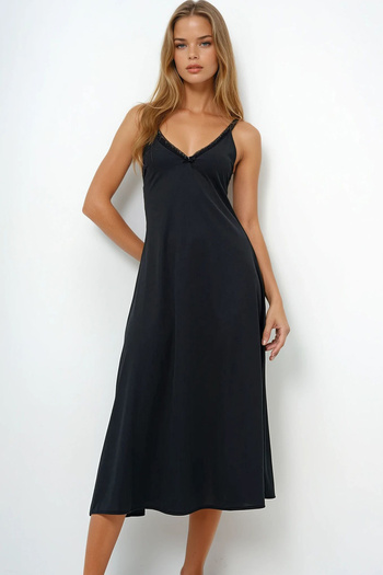 VAGGON Women's Black Adjustable Strap Lace and Bow Detailed Nightgown Pjmx13893
