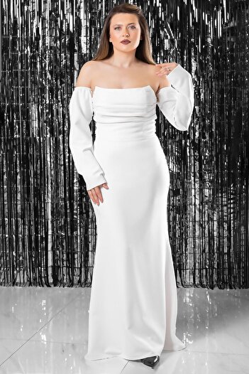 SUBU TASARIM Sleeve Detailed Evening Dress Ecru Tbs378