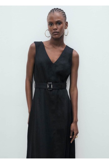 MANGO Woman A-Line Linen Dress with Belt