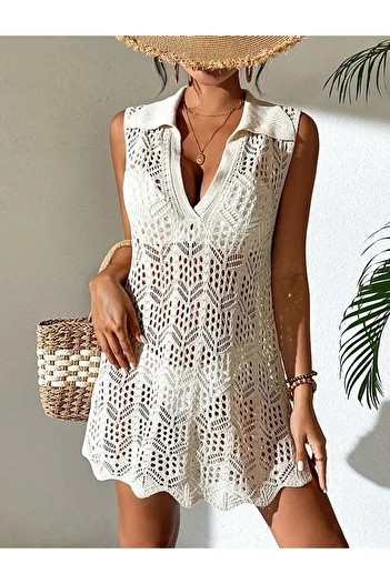 moda mh Openwork Pattern Shirt Collar Sleeveless Buttoned Model Bikini Top Comfortable Fit Knitwear Beach Dress
