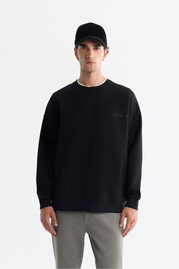 Avva Men's Black Crew Neck Elastane Oversize Fit Sweatshirt A42Y1248