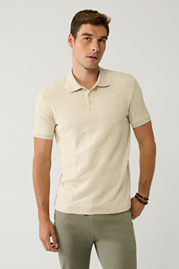 Avva Men's Beige 100% Cotton 3 Button Jacquard Polo Neck T-Shirt A41Y1147
