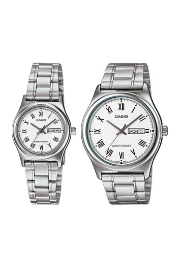 Casio Dial White Cord Metallic Color 2 Years Warranty Lover Couple Two Wristwatches
