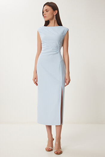 Happiness İstanbul Rochie țesătă midi, drapată, albastru cer pentru femei WF00101
