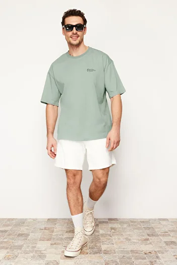 Trendyol Collection Dark Mint Oversize 100% Cotton Crew Neck Minimal Text Printed Tok Fabric T-Shirt Tmnss23Ts00084