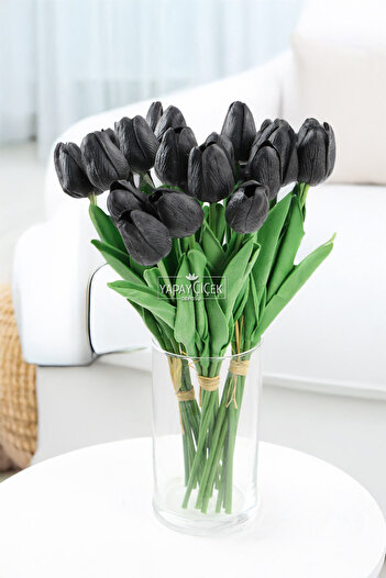Yapay Çiçek Deposu Artificial 8 Wet Tulip Bouquet Real Texture Black