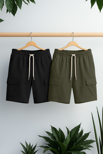 Trendyol Collection Alapszintű fekete-khaki 2 csomagos normál/normál vágású, zsebes, vezetékes gumi derék rövidnadrág TMNSS24SR00041