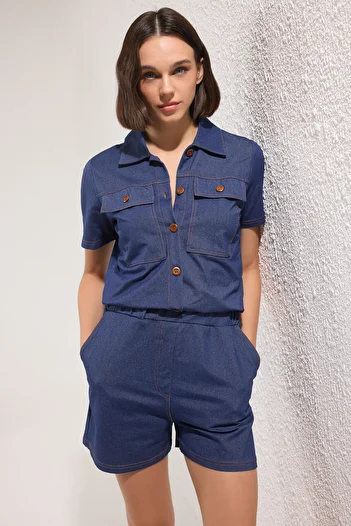 Trendyol Collection Indigo Denim Look Button Short Shorts Jumpsuit Twoss25Tu00044