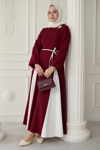 InStyle Yırtmaçlı Çift Renk Bordo Elbise