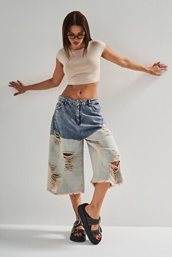 its basic Women's Denim Color Double Color Ripped Detailed Maxi Length 100% Cotton Design Denim Bermuda Shorts