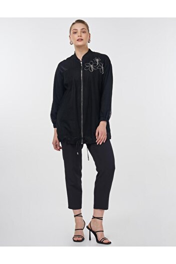 Kayra Mesh Garnished College Collar Jacket Black