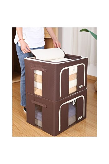 Flippy Storage Box 66 L, 50x40x33 cm, Textile With Window and Double Zipper, Metal Frame, Brown