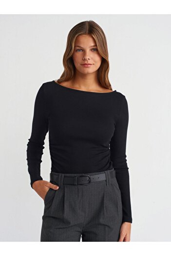 Dilvin 31401 Gathered Boat Neck Top-Black