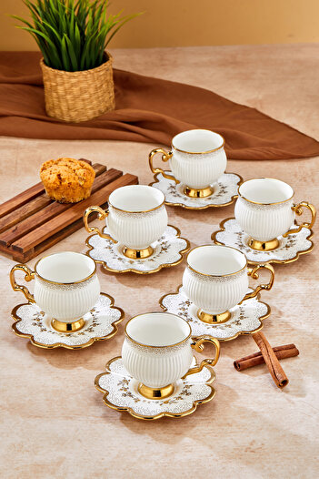Cooker Set of 6 220 ml Porcelain Teacups with Stylish Design - Gold Gilded - Gift Option