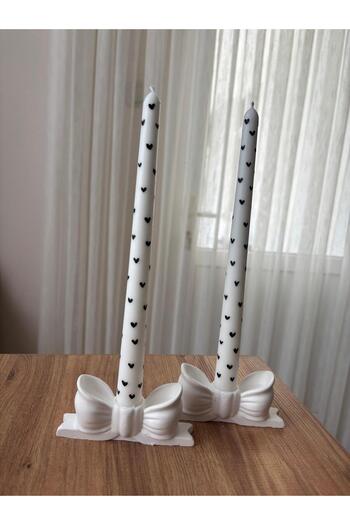 flame candle 4 Parça, Fiyonk Şamdanlık Ve Siyah Kalpli Şamdan Mumu , Amber Kokulu Mum