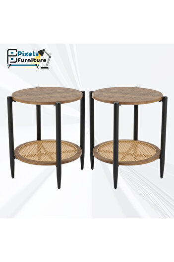 PixelsFurniture Set of 2 Round Side Table 2 Layers Pixel Furniture Coffee Table with Wood Top, Rattan Bottom Shelf and Metal Ends