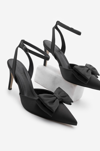 Marjin Women's Stiletto Black Satin Heeled Shoes Phenomenal Detail Individual Design