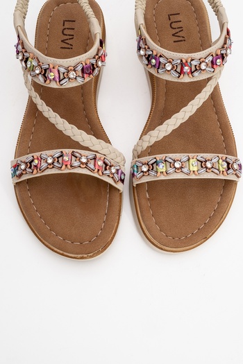 LuviShoes Yuan Beige Knitted Banded Stone Buckle Women's Sandals
