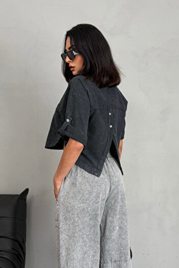 Ortaya Çık Anthracite Back Detailed Washed Short Sleeve Shirt