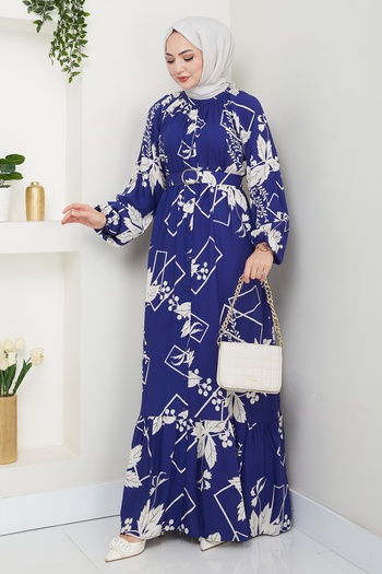 InStyle Flower and Figure Pattern Navy Blue Viscose Dress