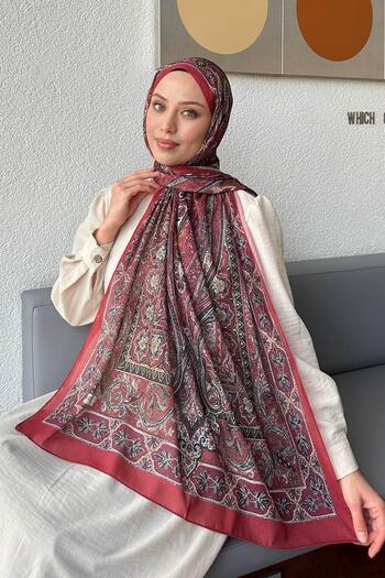 lamelif Ρετρό μοτίβο βαμβακερό σάλι Earth Claret Red