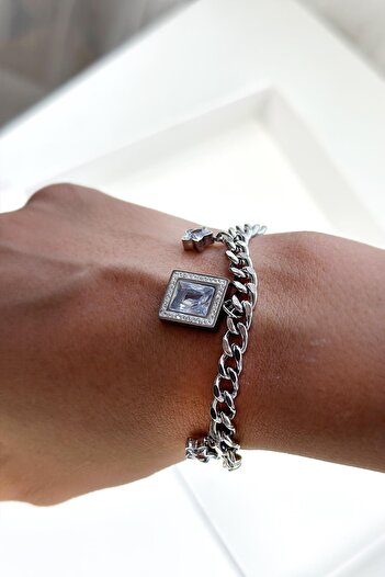 New Obsessions Stone DeTailed Dangle STainless Steel Chain Women's Bracelet - Single Row