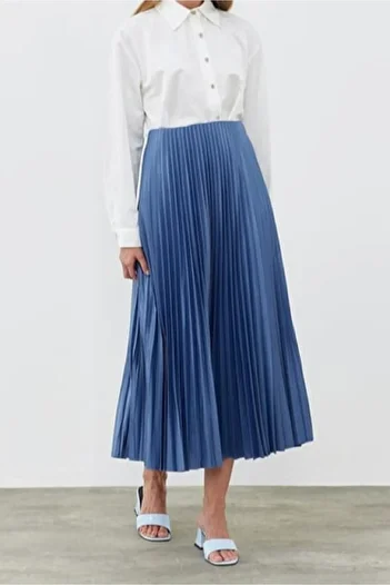 Stil Sepeti Fusta lungă plisată cu talie indigo pentru femei ST- 100078641