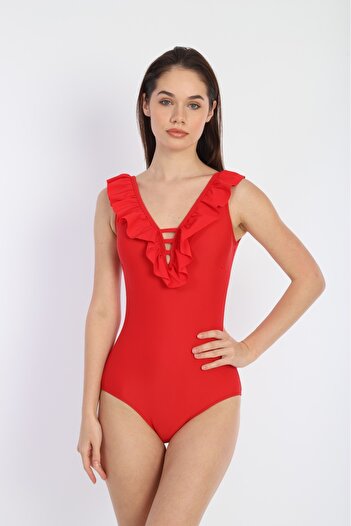 Lio20 Women's Lycra Ruffle Swimsuit Red 36-44