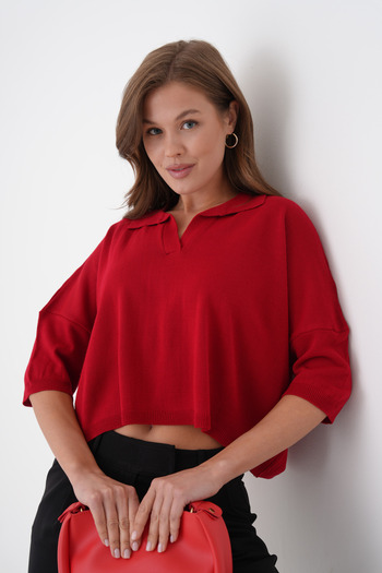 barış sülün lovebox Women's Polo Neck Low Sleeve Design Oversize Crop Red Knitwear Blouse 002