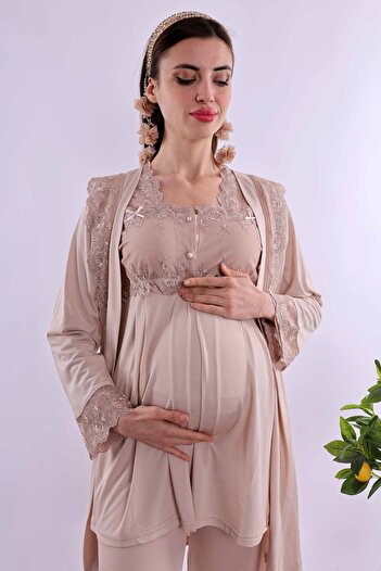 ByLohusa Effortt Kahverengi Sabahlıklı Hamile Lohusa Pijama Takımı Byl224012