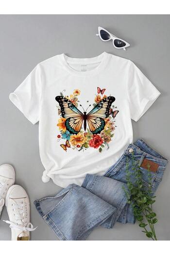 PENTHİLUS Women's Short Sleeve Round Neck Butterfly Print T-Shirt
