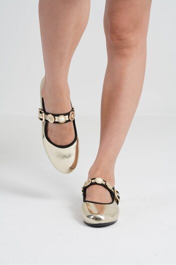 Beyond Women's Gold Coin Buckle Leather Ballerinas Byndpt01
