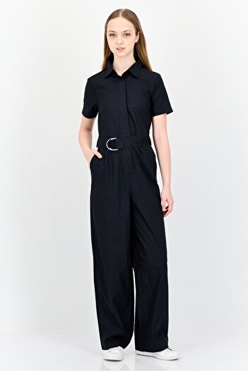 Esprit Women Solid Short Sleeves Belted Jumpsuit, Black