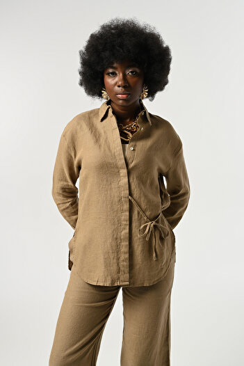 Orfeo Negro Women's 100% Linen Shirt with Front Tie Detail