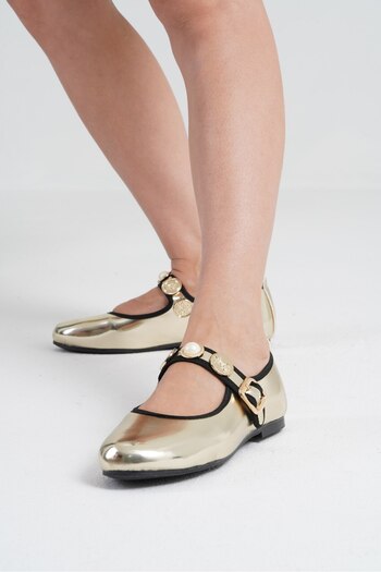 Beyond Women's Gold Coin Buckle Leather Ballerinas Byndpt01
